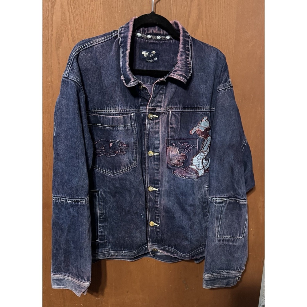 Y2K Raw Blue Denim Embroider Purple Washed Distressed Skater Hip Hop Jacket XL U